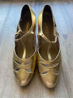 Metallic Gold T-Strap Heels